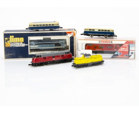 N Gauge Continental Diesel Locomotives, three cased/boxed examples Arnold 2027 AM 4/4 18 463 of the SBB in red livery, Arnold