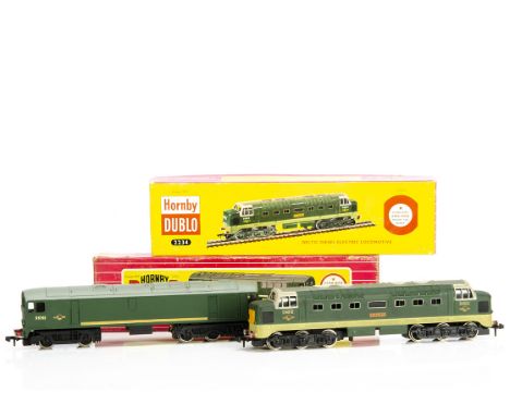 Boxed Hornby-Dublo 00 gauge 2-rail Diesel Locomotives, both in BR green, ref 2233 Co-Bo no D5702, VG-E, 'striped' box G, old 