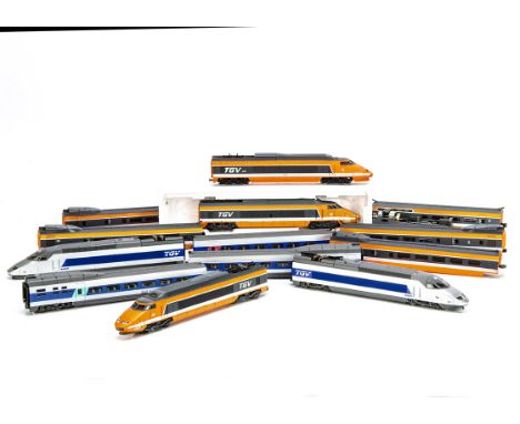 Jouef TGV  SNCF HO Gauge High Speed Trains, unboxed eight car example with two dummy units (one minus pantograph) in orange l