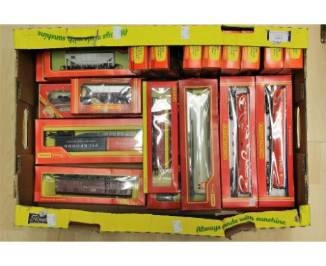 Hornby: One box of assorted Hornby wagons, including: R238 Merry-Go-Round Hopper Wagons (9), together with twelve other assor