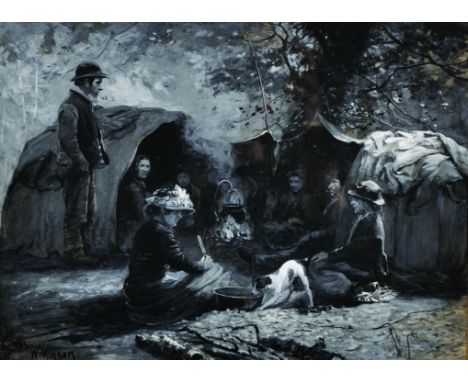 Charles A... Wilkinson (1862-c.1925) British. "Under the Greenwood Tree" (Henry V. Esmond), an Encampment Scene, Mixed Media,