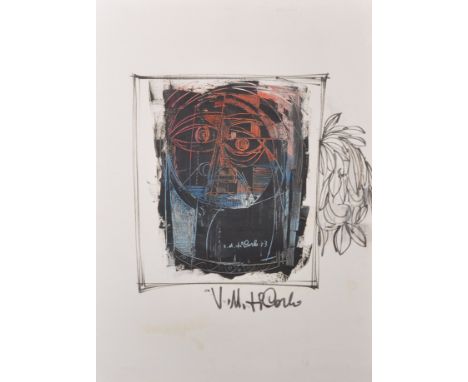 Vittorio Maria di Carlo (1937/39-2015) Italian. A Self Portrait of a Face in a Window, Print on Canvas, Signed, Overall 27" x