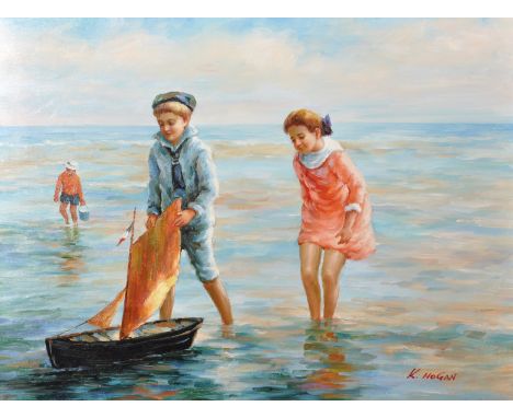 K...Hogan (20th Century) European. Young Children with Toy Sailing Boats on the Shore, Oil on Canvas, Signed, Unframed, 18" x