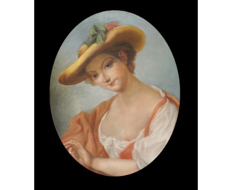 19th Century French School. Bust Portrait of a Young Girl wearing a pink and white Dress and a Hat, Pastel, Shaped, 24.5" x 1