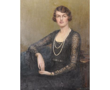 Arthur Meade (1863-1947) British. Portrait of a Seated Lady, dressed in black, wearing a Pearl Necklace, Oil on Canvas, Signe