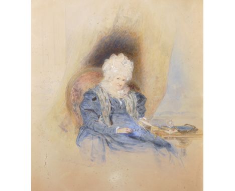 W...A...Hastings (19th Century) British. Portrait of a Lady Seated wearing a Blue Dress and Holding some Sewing and Spectacle