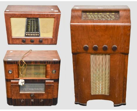 A Marconi Model 537 Wireless Receiver, 1936, with magic eye tuning; an HMV 3-band consolette receiver with bakelite knobs; an
