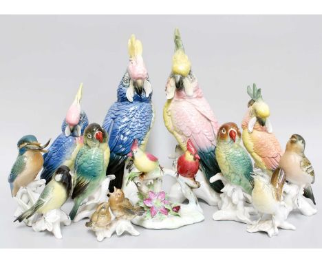 Two Karl Ens Porcelain Cockatoo Models, together with nine further Karl Ens bird models and a similar Adderley model of Doubl