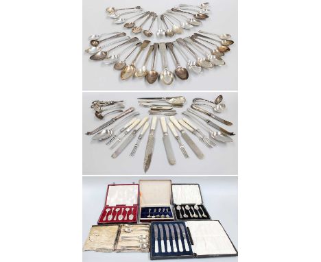 A Collection of Assorted George III and Later Silver and Silver Plate Flatware, various patterns, including cased sets of tea