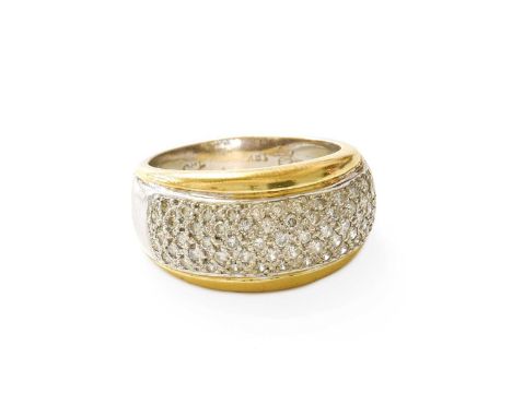A Diamond Ring, the central section set throughout with round brilliant cut diamonds, in white pavé settings, flanked by a ye