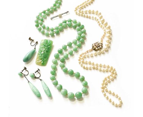 A Jade Bead Necklace, comprising of graduated spherical beads, length 66cm; A Seed Pearl Brooch, stamped '9CT', length 3.4cm 