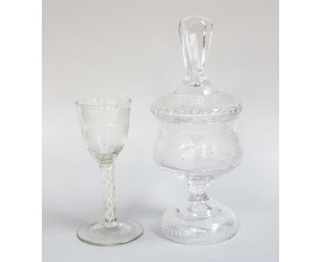 A Jacobite Style Wine Glass, the funnel shaped bowl, engraved with a rose and a bee raised on an opaque twist,16cm, together 