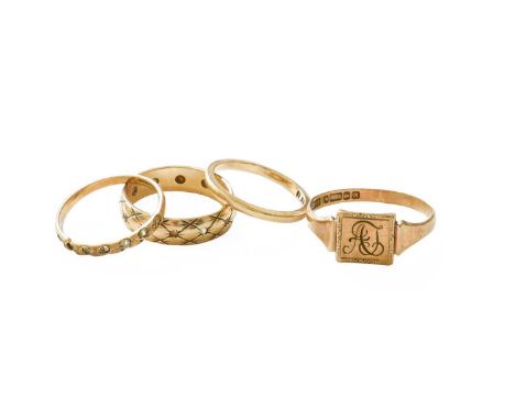 A 9 Carat Gold Band Ring, finger sizes L; A 9 Carat Gold Eternity Ring, finger size O; A 9 Carat Gold Signet Ring, finger siz