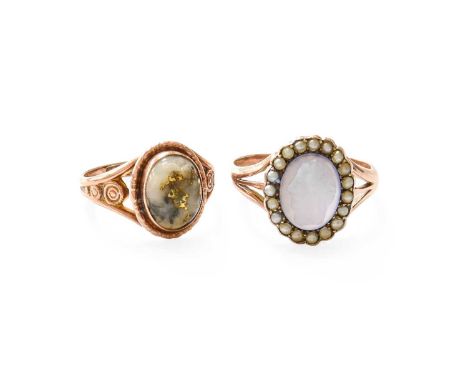 A 9 Carat Gold Cameo and Split Pearl Ring, finger size N; and A Moss Agate Ring, stamped '9CT', finger size JGross weight 5.1