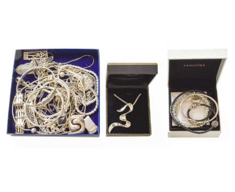 A Quantity of Silver and White Metal Jewellery, including a Links of London bracelet; a Pandora bangle; a Pandora woven brace