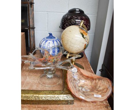 A Ruby Glass Mushroom Lamp, a modern world globe, and two art glass bowls, and a blue and white jar and cover (5)