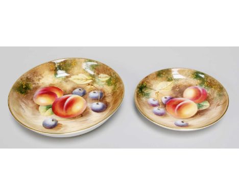 A Royal Worcester Porcelain Dish, 1959, painted with peaches and grapes, signed indistinct, 11.5cm diameter, together with a 