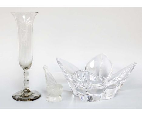 Orrefors Glass Bowl, of petal form, 11cm signed, together with an Orrofors pedestal vase etched with a maiden, and an Art Dec