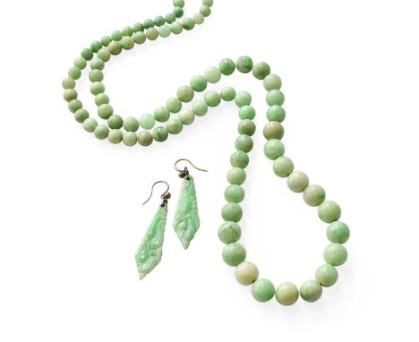 A Jade Bead Necklace, formed of one hundred and fifteen graduated spherical jade beads, length 73cm; together with A Pair of 