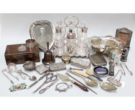 A Collection of Assorted Silver and Silver Plate, the silver including a two-handled cup; a travelling watch case, with engin