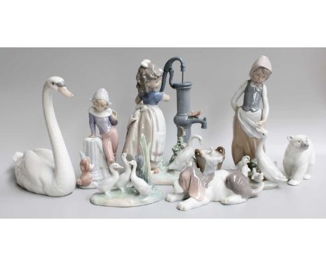 Six Lladro Figures, including girl at the water pump, together with a Nao figure (one tray)