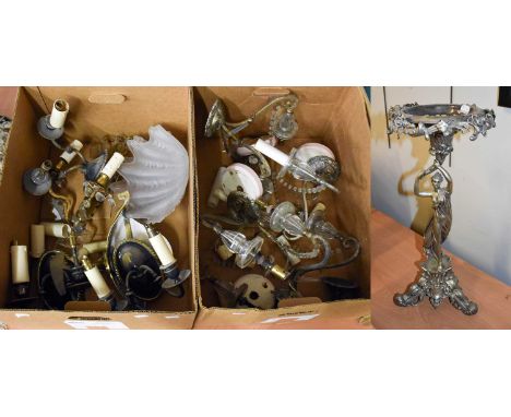 Assorted Wall Light Fittings, including an Art Deco gilt metal example with frosted glass shell form shade, and a set of four
