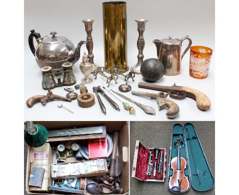 A Collection of Miscellaneous Items, to include a Boosey &amp; Hawkes clarinet, a violin, cowrie shells, mother of pearl moun