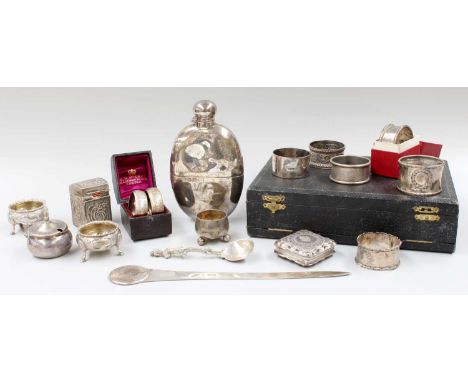 A Collection of Assorted Silver, including a spirit-flask; a letter-opener, set with a Charles II crown; condiment-items; nap