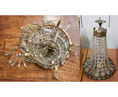 A Three Branch Ceiling Light, of tent and bag form ornamented with lustre drops, 56cm; together with a similar four tier hang