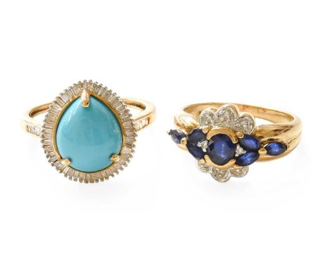 A 9 Carat Gold Turquoise and Diamond Cluster Ring, finger size P1/2; and A 9 Carat Gold Sapphire and Diamond Cluster Ring, fi