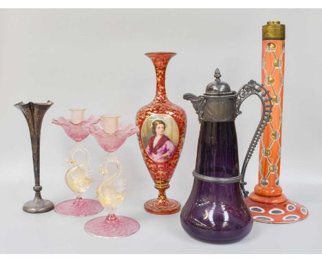 A Bohemian Ruby Glass Vase, 19th century, painted with the portrait of a girl on an overlay panel over a gilt foliate ground,