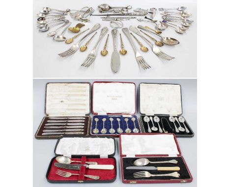 A Collection of George II and Later Silver and Silver Plate Flatware, including a pair of George II silver sugar-nips; a pair