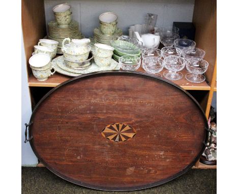 A Royal Worcester Part Tea Service, cut glass sundae dishes, an Edwardian mahogany large oval tray, a plated toddy ladle, pla