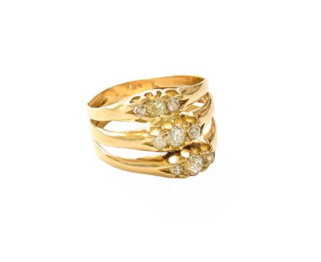 A Diamond Triple Row Ring, trios of old cut diamonds in yellow claw settings, each terminating to a plain polished shank, fin
