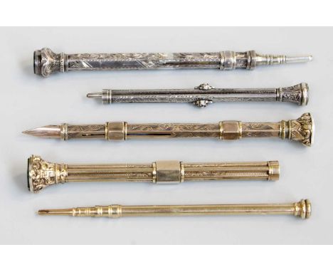 Five Various Silver of Silver-Gilt Propelling Pens or Pencils, in the manner of Sampson Mordan, variously engraved with folia