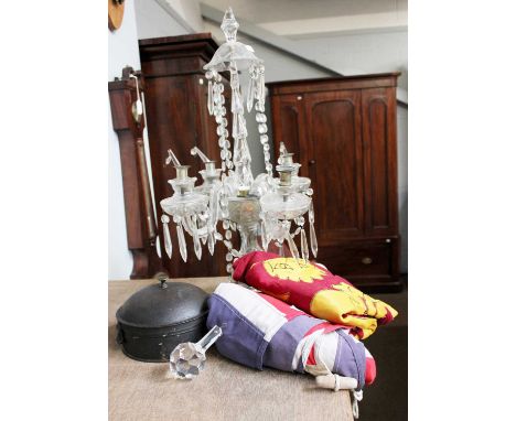 A Four Light Cut Glass Lustre Drop Candlabra, 63cm high, an early 19th century metal spice tin, two flags including an Englis