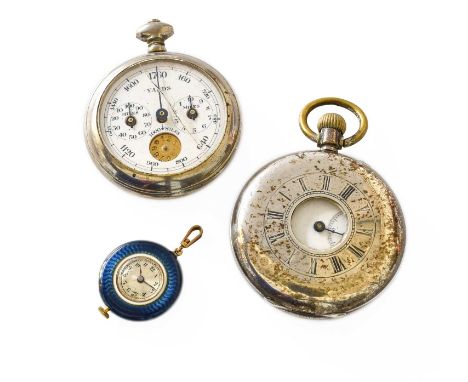 A Lady's 18 Carat Gold Enamel Fob Watch, movement signed Movado, together with a silver half hunter pocket watch and a pedome