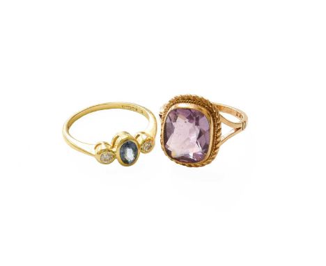 A 9 Carat Gold Amethyst Ring, finger size M; and An 18 Carat Gold Sapphire and Diamond Three Stone Ring, finger size LAmethys