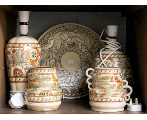 Charlotte Rhead for Crown Ducal, two tablelamps, two vases and a charger (5)