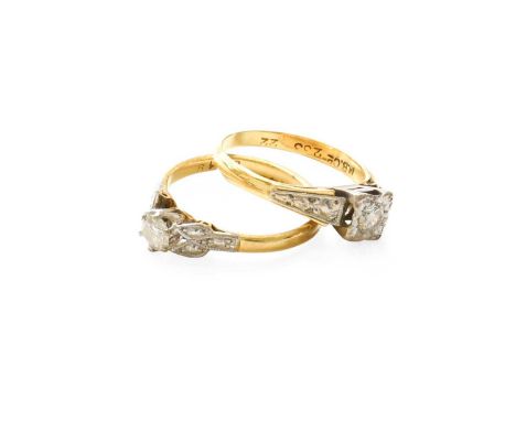 Two Diamond Solitaire Rings, both stamped '18CT' and 'PLAT', finger size J and KGross weight 4.7 grams.