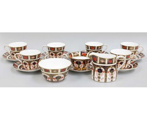 A Set of Six Royal Crown Derby Porcelain Teacups and Saucers, decorated in Imari pattern 1128, another model cup and saucer a