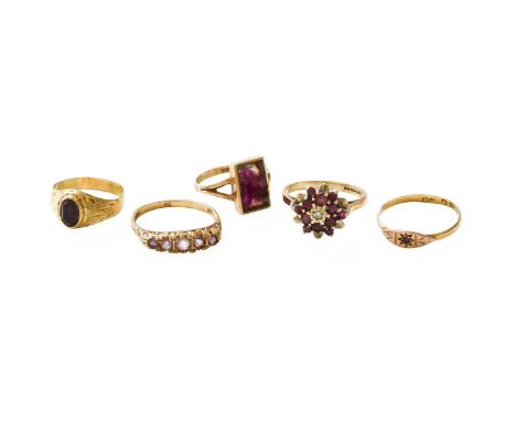 Three 9 Carat Gold Gem-Set Rings, including a ruby and diamond cluster example, an amethyst example, and a blue john example;