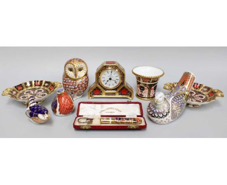 A Collection of Royal Crown Derby Imari Porcelain, including four paperweights formed as birds "Millennium Dove" etc. mantel 