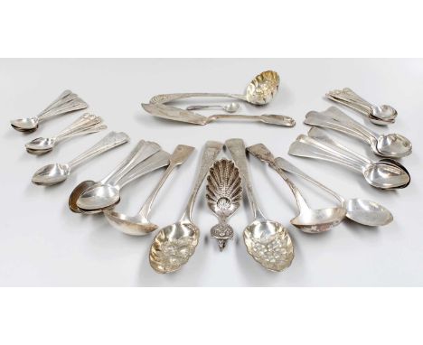 A Collection of Assorted George III and Later Silver Flatware, various patterns, including a pair of Fiddle pattern sauce-lad