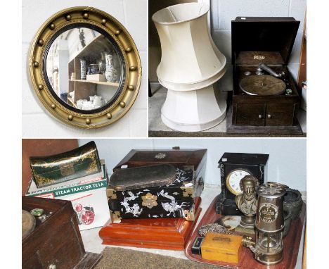 A Collectable Lot Including, a Gramaphone, Mamod steam tractor, slate clock, powder flask, etc