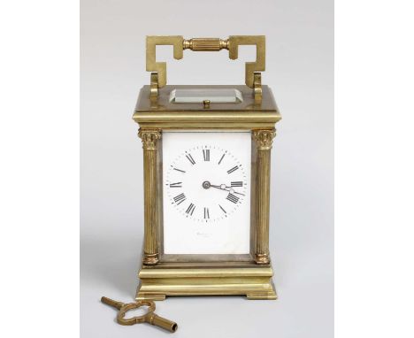 A French Brass Strike and Repeat Carriage Clock, Circa 1900, twin barrel movement with a later platform lever escapement and 