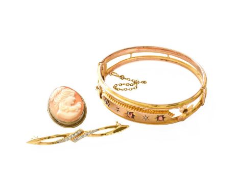 A Small Quantity of Jewellery, comprising of a gem-set bangle (a.f.); a cameo brooch/pendant; and a broochBangle - unmarked, 