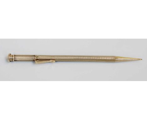 A George V Gold Everpoint Pencil, by Sampson Mordan and Co., London, 1927, 9ct,  faceted and with an overall engine-turned fi