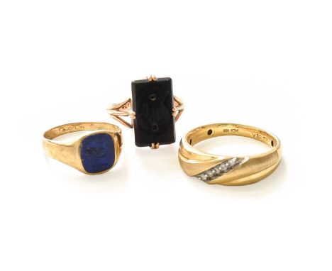 A 9 Carat Gold Lapis Lazuli Intaglio Signet Ring, finger size P; A Diamond Ring, stamped '10K', finger size U; and Another Ri