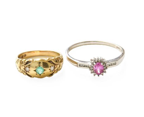 A 9 Carat Gold Emerald and Diamond Three Stone Ring, finger size L; and A Pink Sapphire and Diamond Cluster Ring, finger size